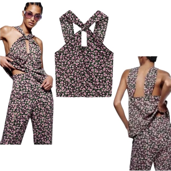 NWT Zara Black & Purple Floral Printed Cutout Halter Top - M - Picture 2 of 14